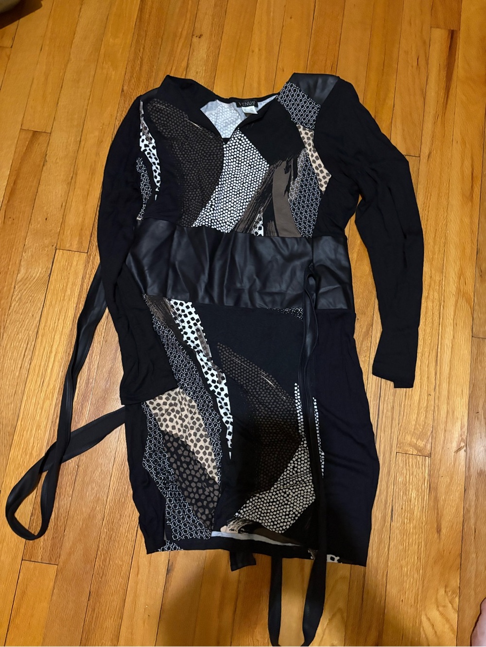 VENUS Black Mixed-Print Faux-Leather Wrap Dress